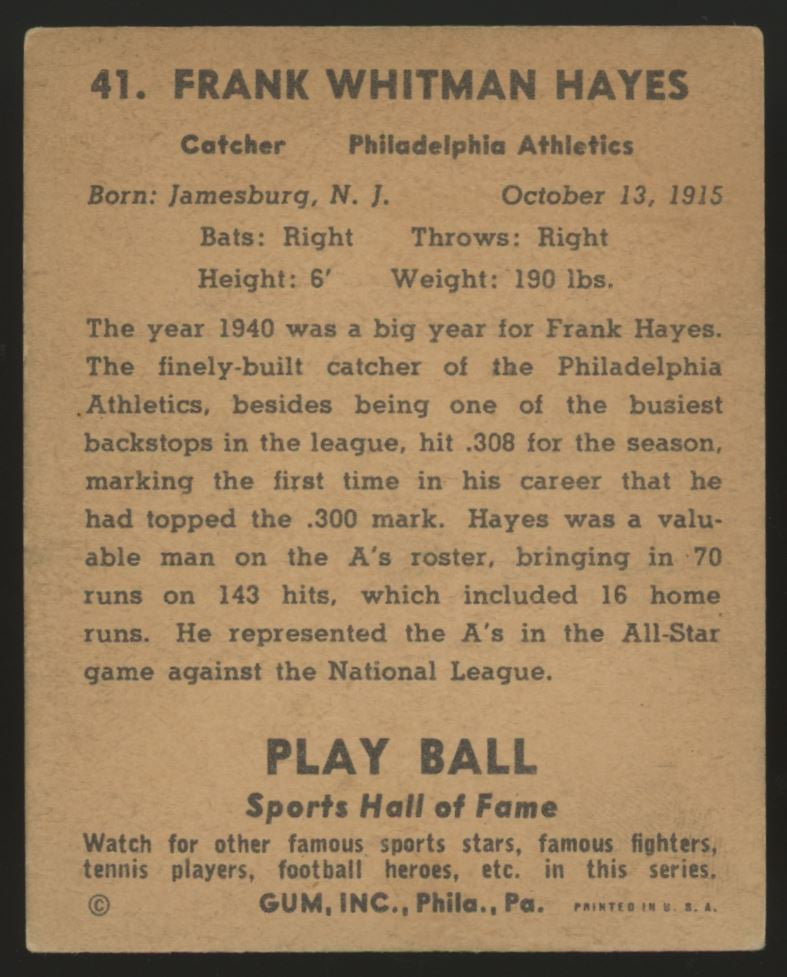 1941 Play Ball Frank Blimp Hayes #41 VG/EX