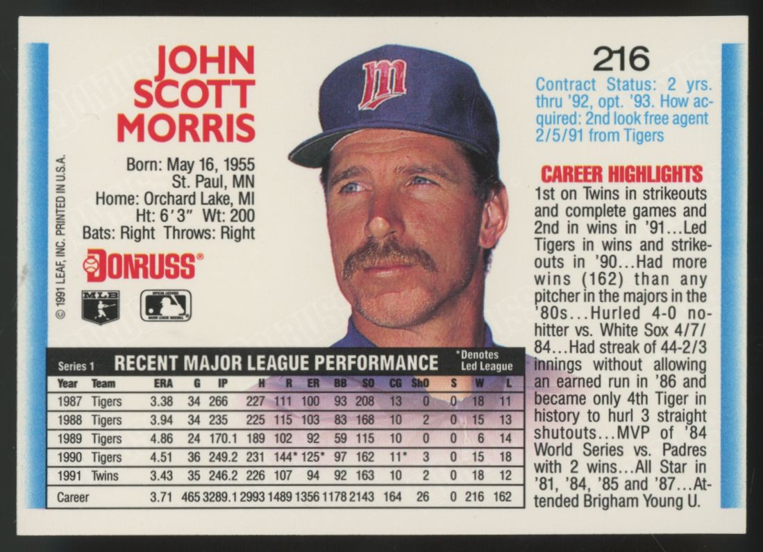1991 Donruss Jack Morris Signed IP Auto #216