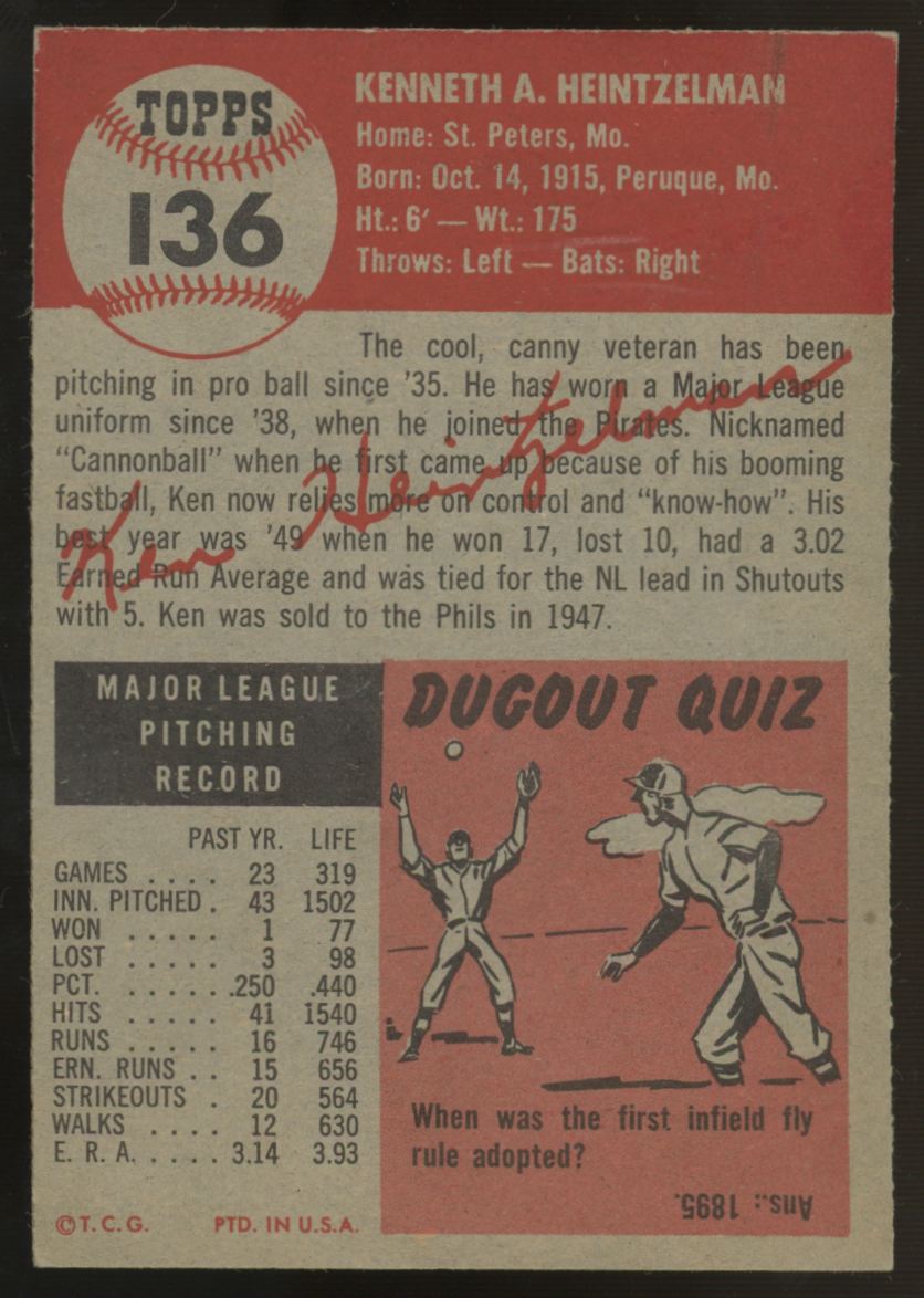 1953 Topps Ken Heintzelman #136 EX/MT