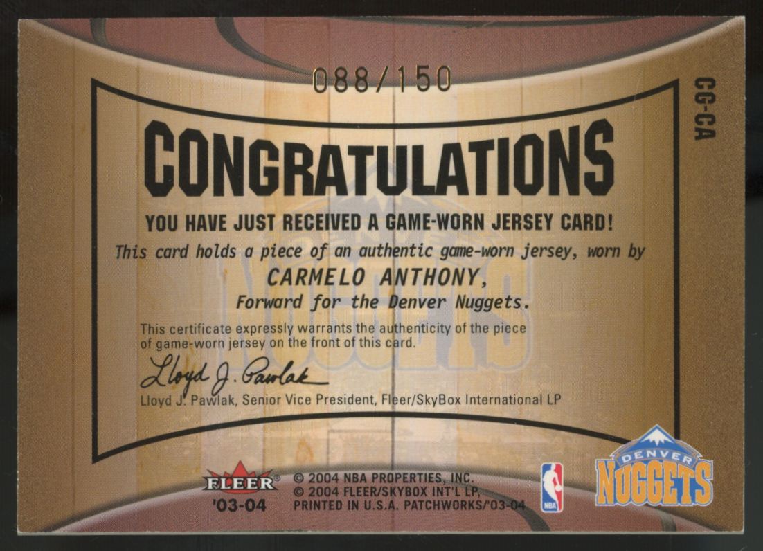 2003-04 Fleer Patchworks Carmelo Anthony RC Courting Greatness Patch /150 #CG-CA