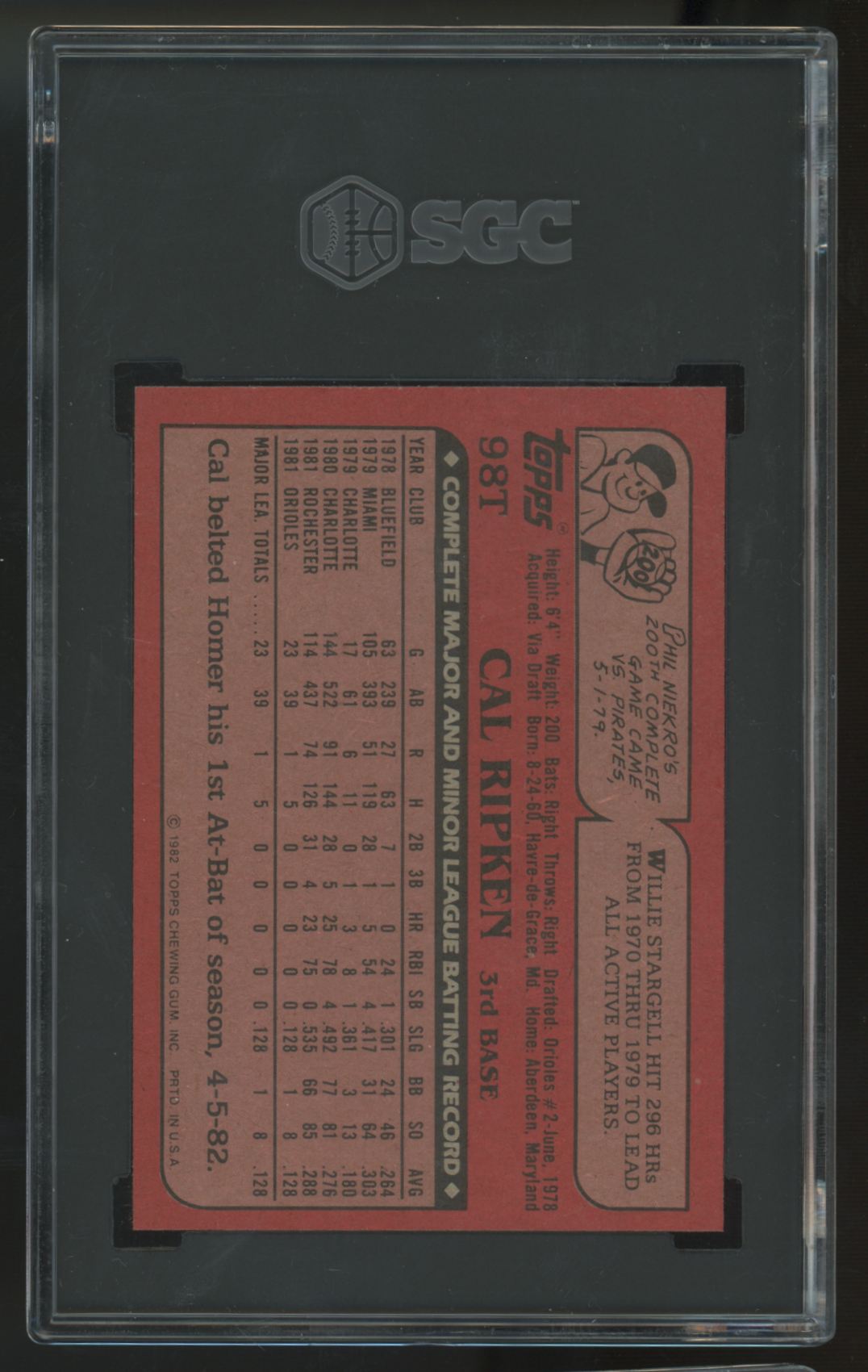 1982 Topps Traded Cal Ripken RC #98T SGC 8