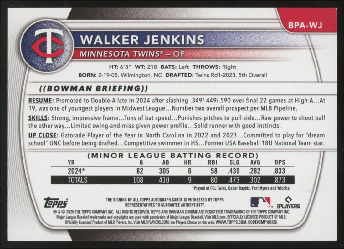 2025 Bowman Walker Jenkins Prospect Purple Auto /250 #BPA-WJ