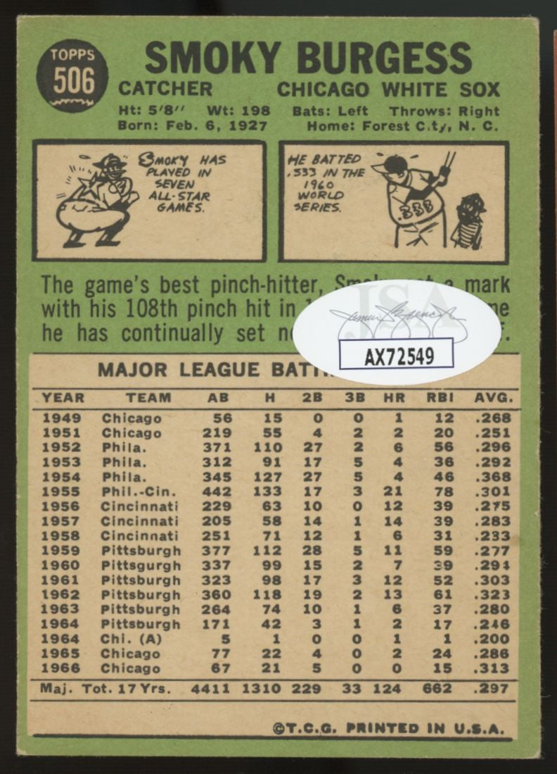 1967 Topps Smoky Burgess #506 Signed Autographed Card JSA