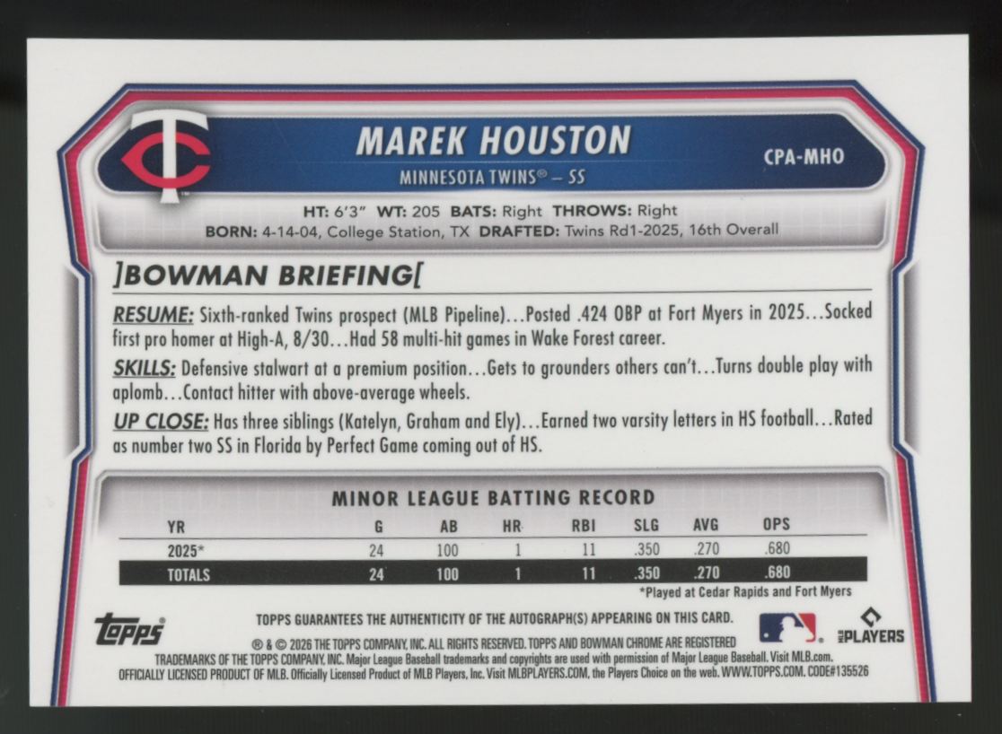2026 Bowman Marek Houston 1st Chrome Prospect Reptilian Green Auto /99 #CPA-MHO
