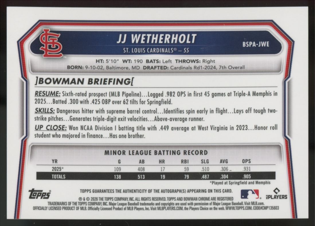 2026 Bowman Chrome Sapphire JJ Wetherholt Orange Auto /25 #BSPA-JWE