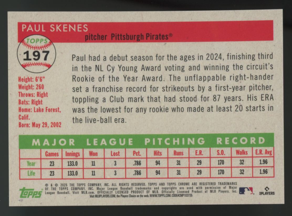 2025 Topps Chrome Platinum Paul Skenes Black Refractor /10 #197