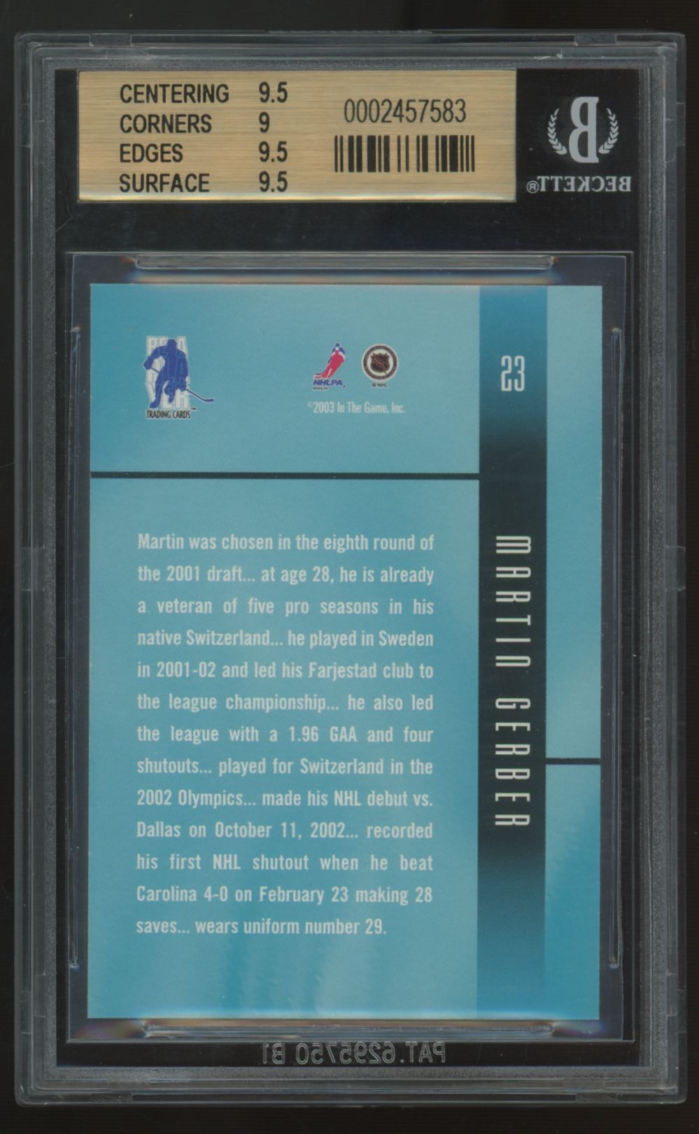 2002-03 Be A Player Ultimate Martin Gerber RC /250 #23 BGS 9.5