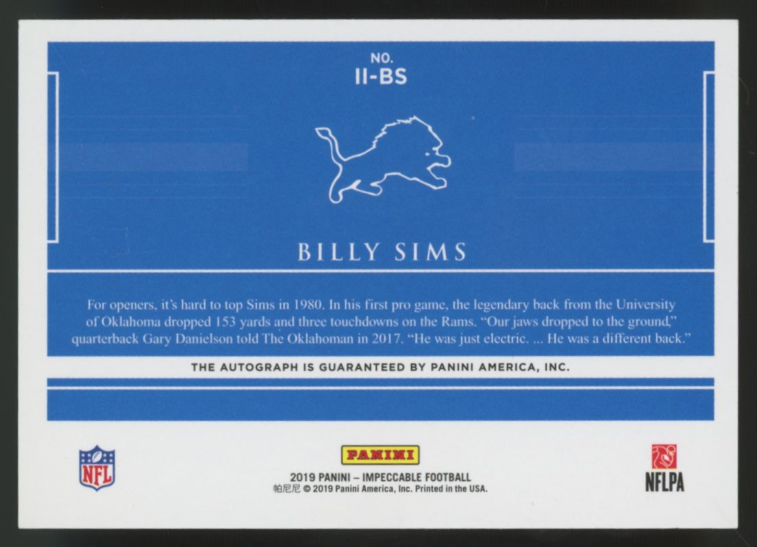 2019 Panini Impeccable Billy Sims Indelible Ink Auto /25 #II-BS