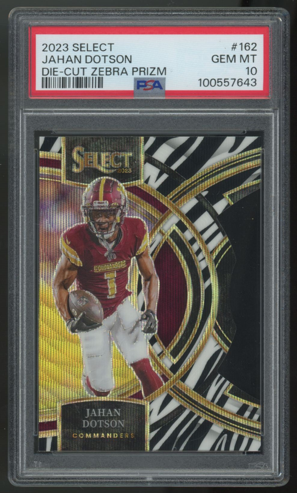 2023 Panini Select Jahan Dotson Premier Die-Cut Zebra Prizm SSP #162 PSA 10