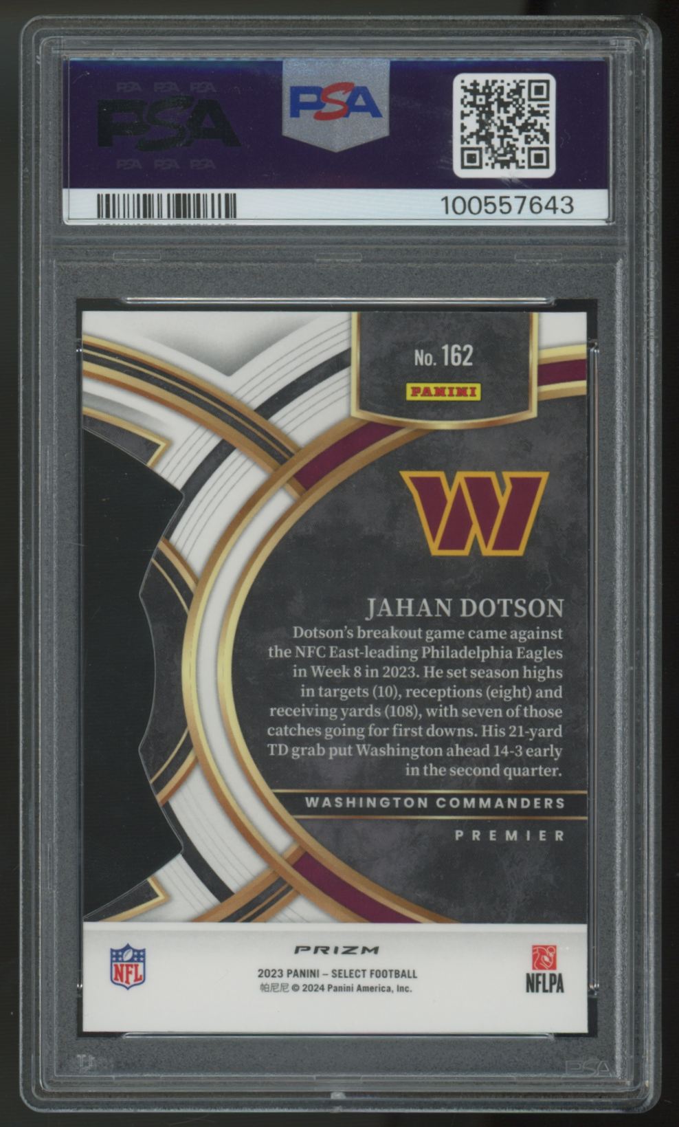 2023 Panini Select Jahan Dotson Premier Die-Cut Zebra Prizm SSP #162 PSA 10