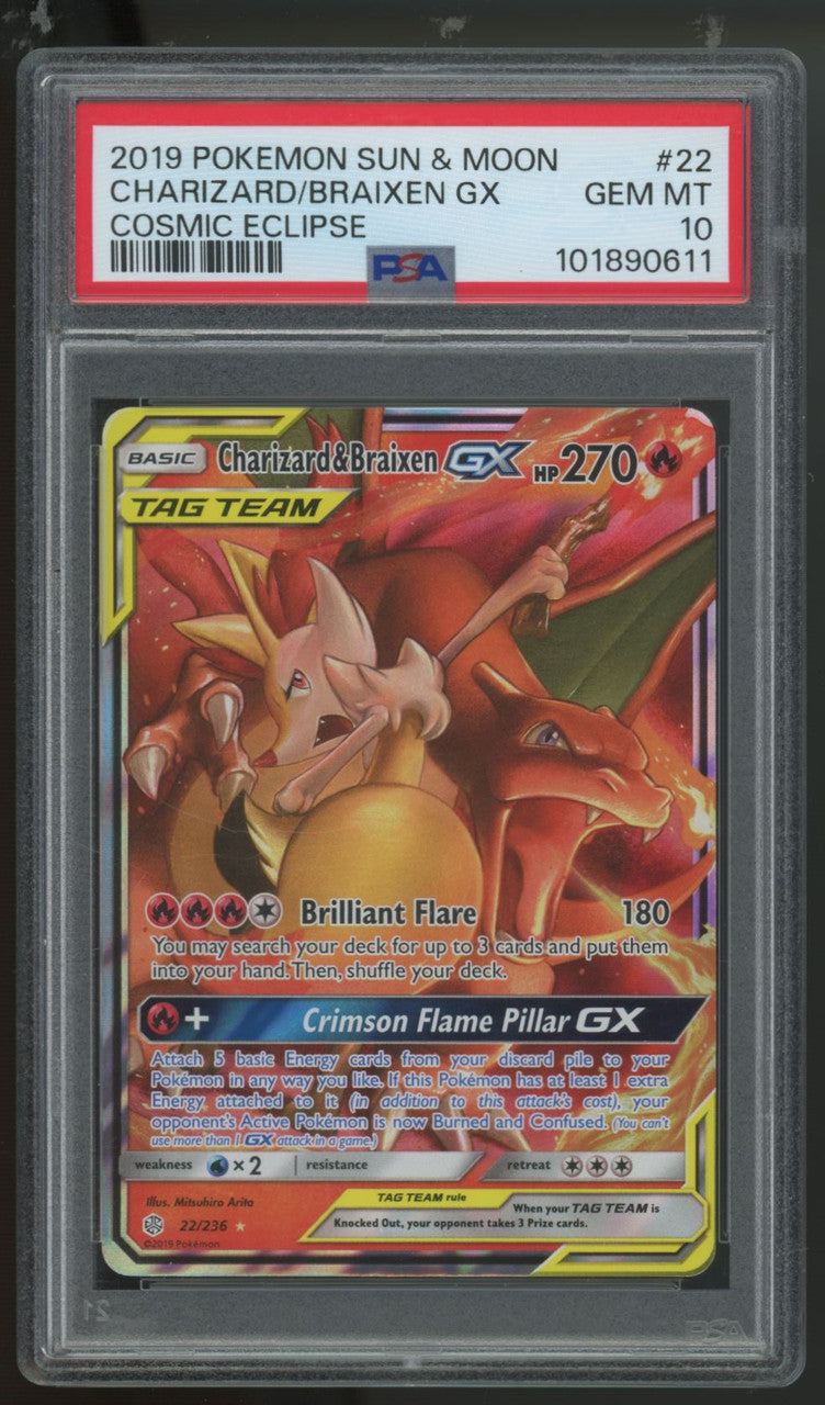 2019 Pokemon Charizard & Braixen GX Cosmic Eclipse Holo #22 PSA 10
