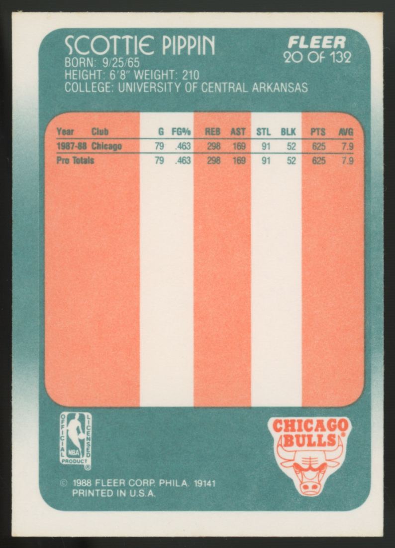 1988-89 Fleer Scottie Pippen RC #20 EX-MT (Print Line)
