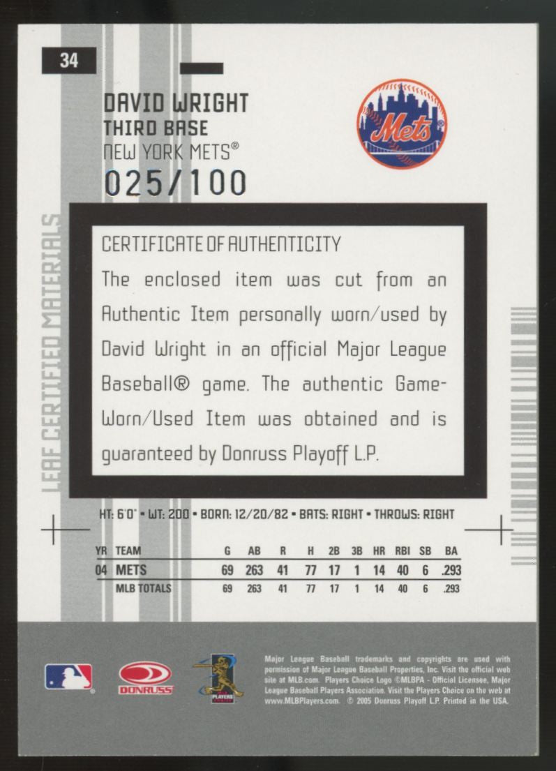2005 Leaf Certified Materials David Wright Mirror White Bat Relic /100 #34