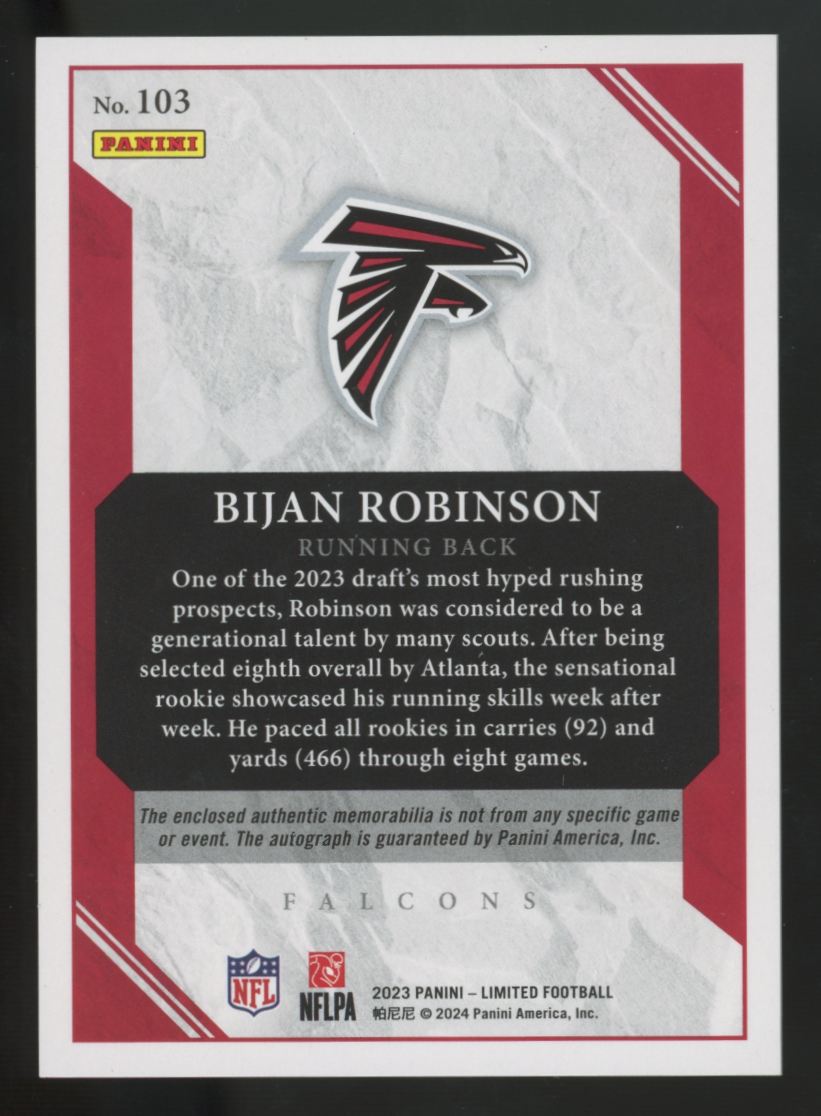 2023 Panini Limited Bijan Robinson RC Patch Auto RPA /199 #103