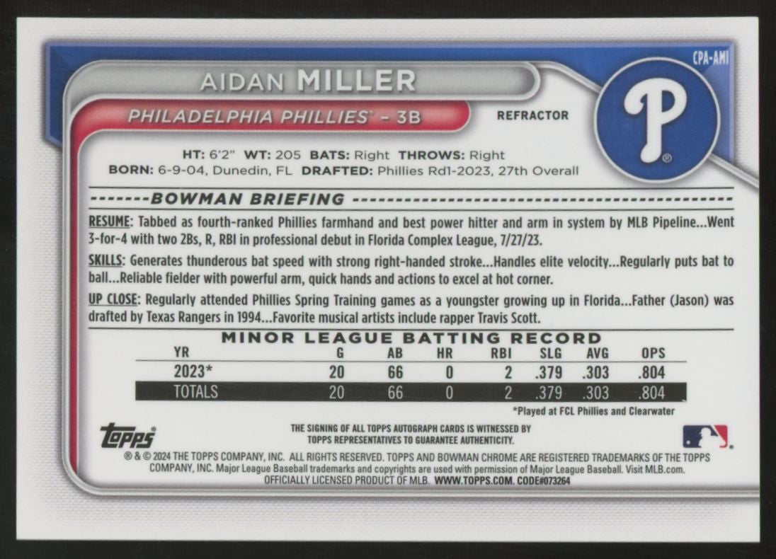 2024 Bowman Aidan Miller 1st Chrome Prospect Auto Refractor /499 #CPA-AMI