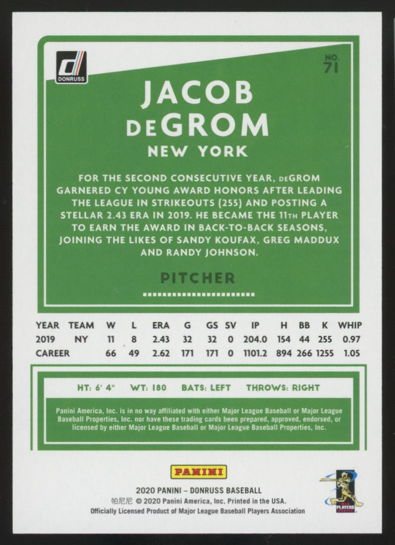 2020 Panini Donruss Jacob DeGrom Artist Proof /10 #71
