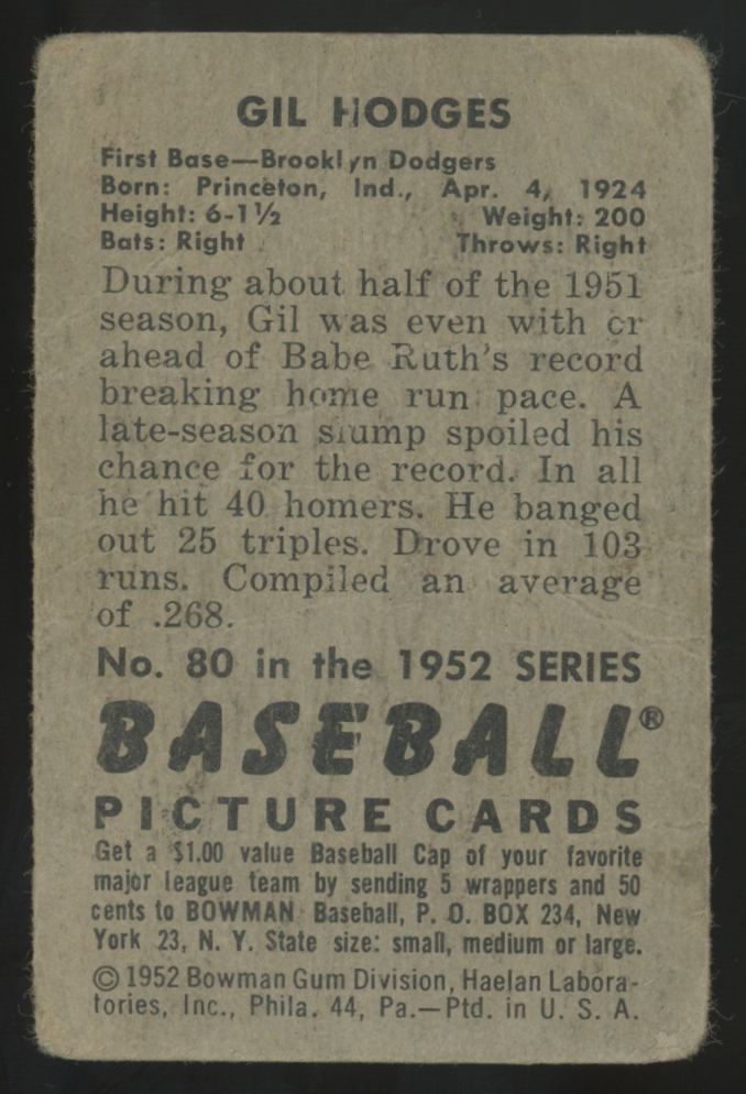 1952 Bowman Gil Hodges Picture Card #80 Poor