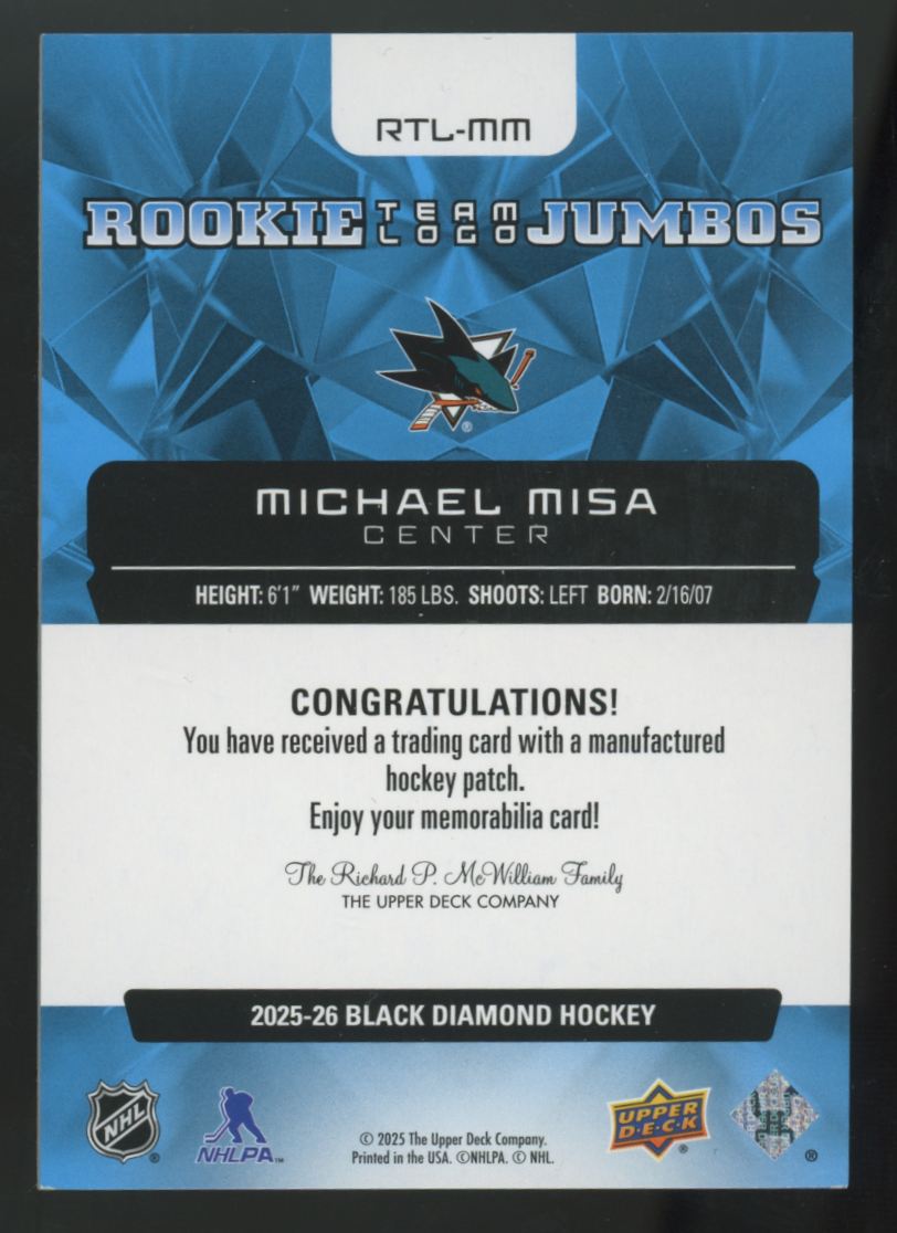 2025-26 Upper Deck Black Diamond Michael Misa RC Team Logo Jumbo Patch #RTL-MM