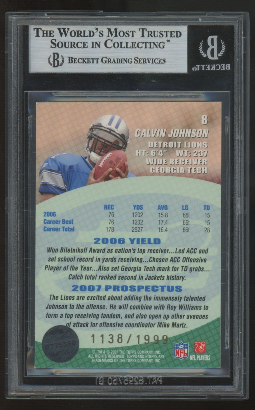 2007 E-Topps Calvin Johnson RC /1999 #8 BGS 8.5