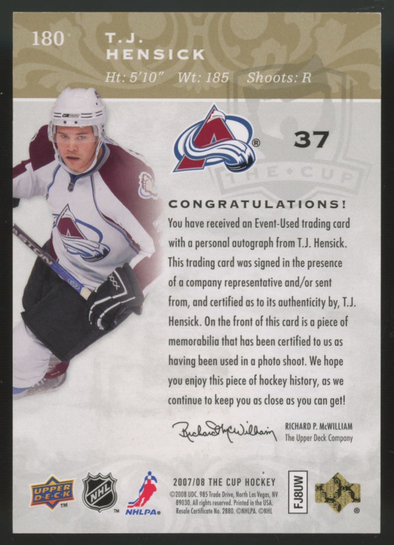 2007-08 Upper Deck The Cup T.J. Hensick RC Gold Patch Auto RPA /34 #180