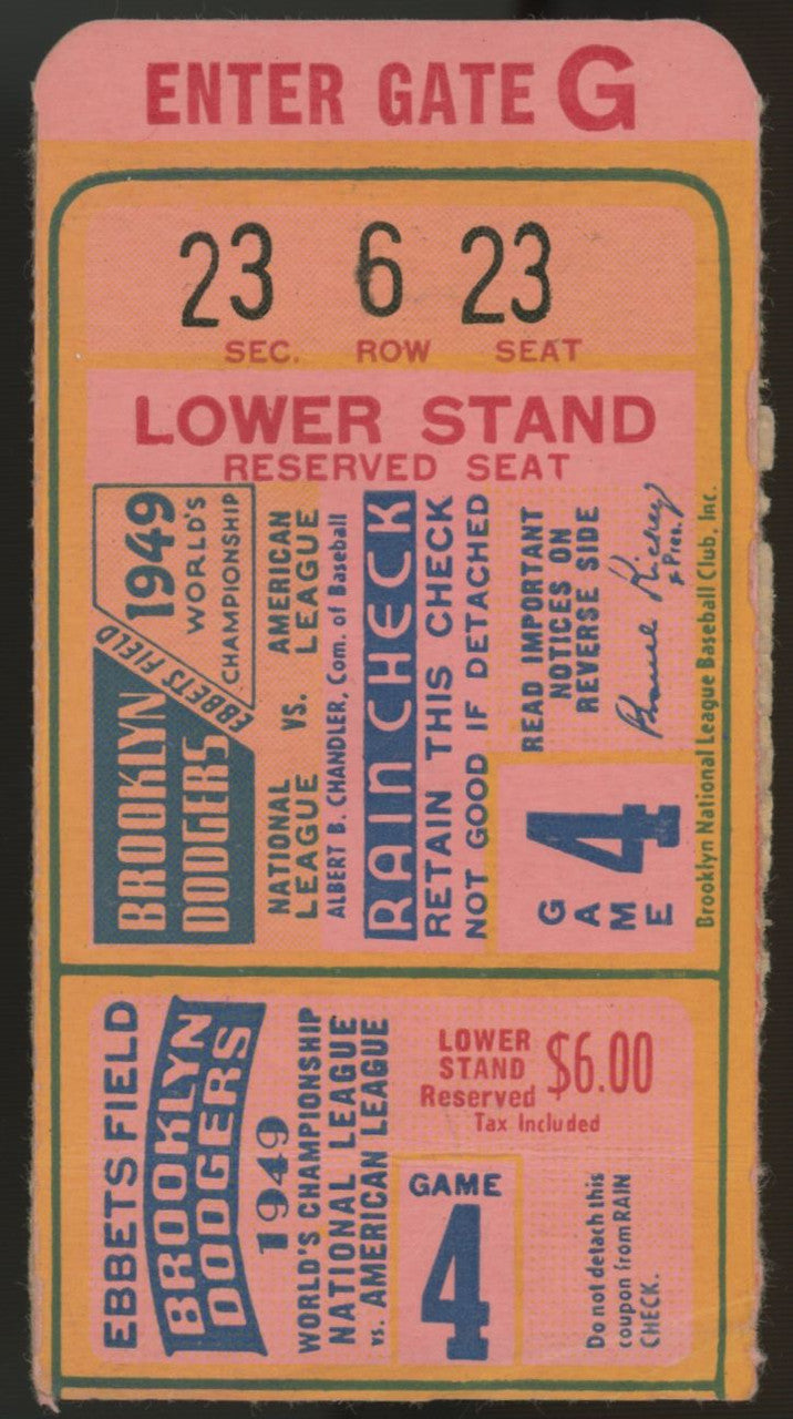 1949 Brooklyn Dodgers World Series Game 4 Ticket Stub Low Grade