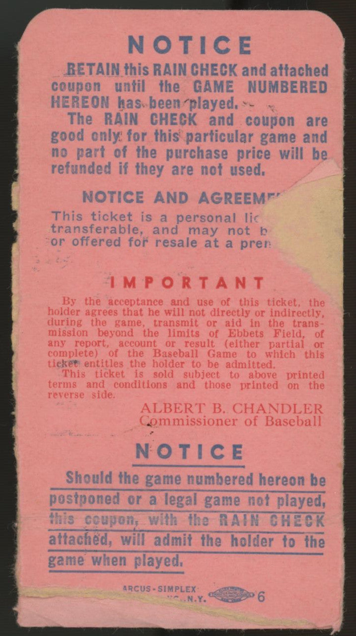 1949 Brooklyn Dodgers World Series Game 4 Ticket Stub Low Grade