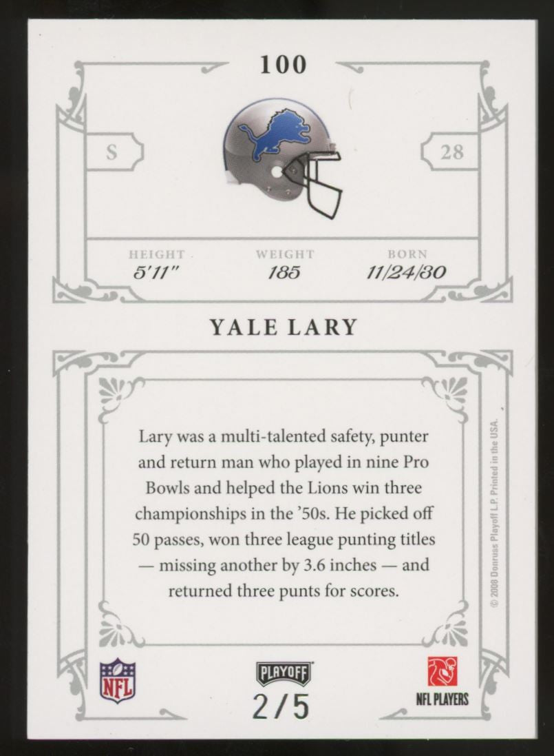 2008 Playoff National Treasures Yale Lary /5 #100
