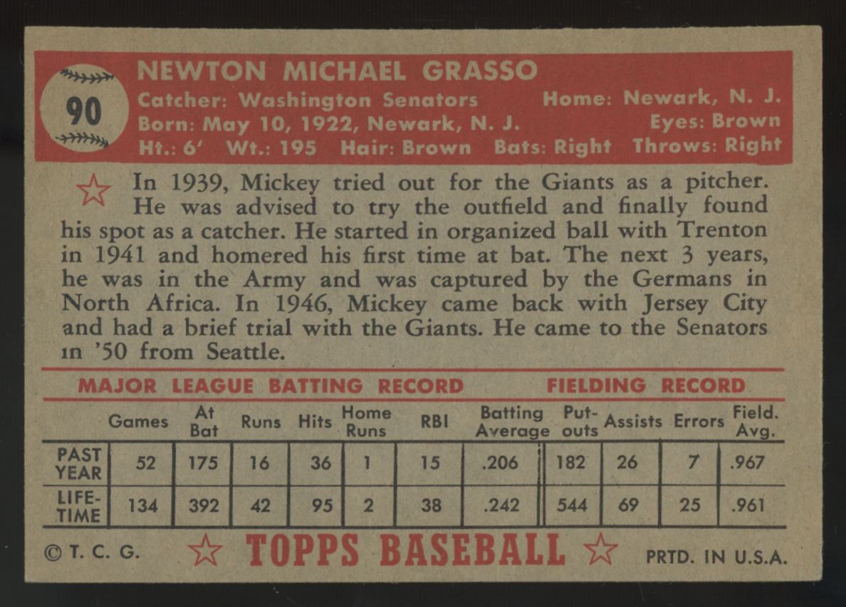 1952 Topps Mickey Grasso #90 VG/EX
