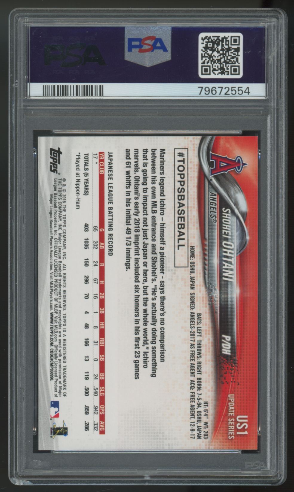 2018 Topps Update Shohei Ohtani RC Pitching / Red Jersey #US1 PSA 9