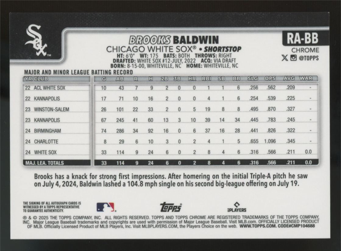 2025 Topps Chrome Logofractor Brooks Baldwin RC Blue Auto /150 #RA-BB