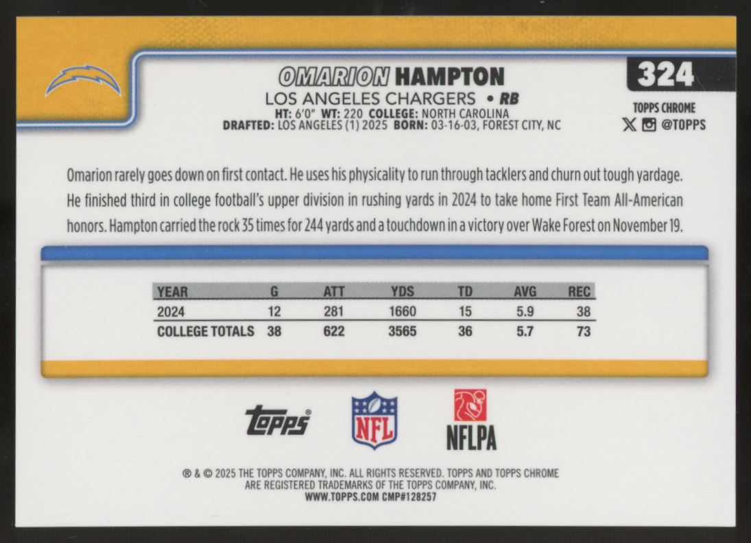 2025 Topps Chrome Omarion Hampton RC Football Leather Orange /25 #324