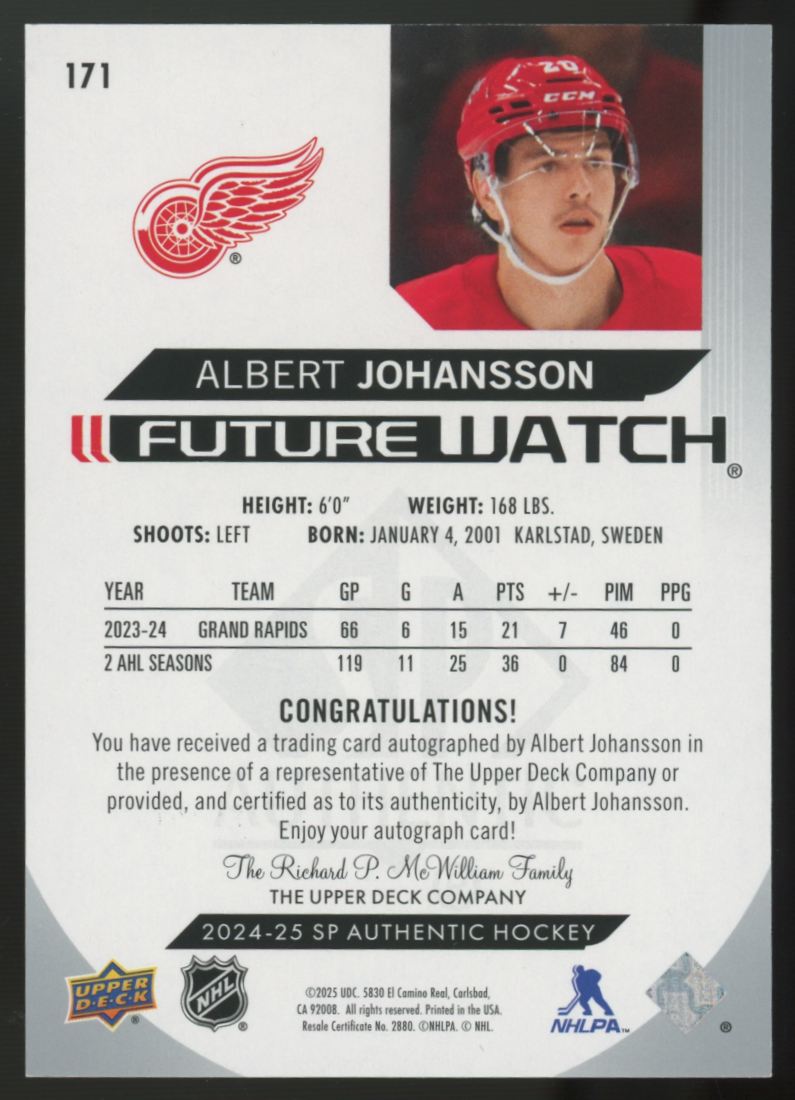 2024-25 UD SP Authentic Albert Johansson RC Future Watch Auto /999 #171