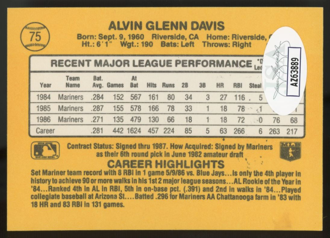 1987 Donruss Alvin Davis #75 Signed Auto JSA