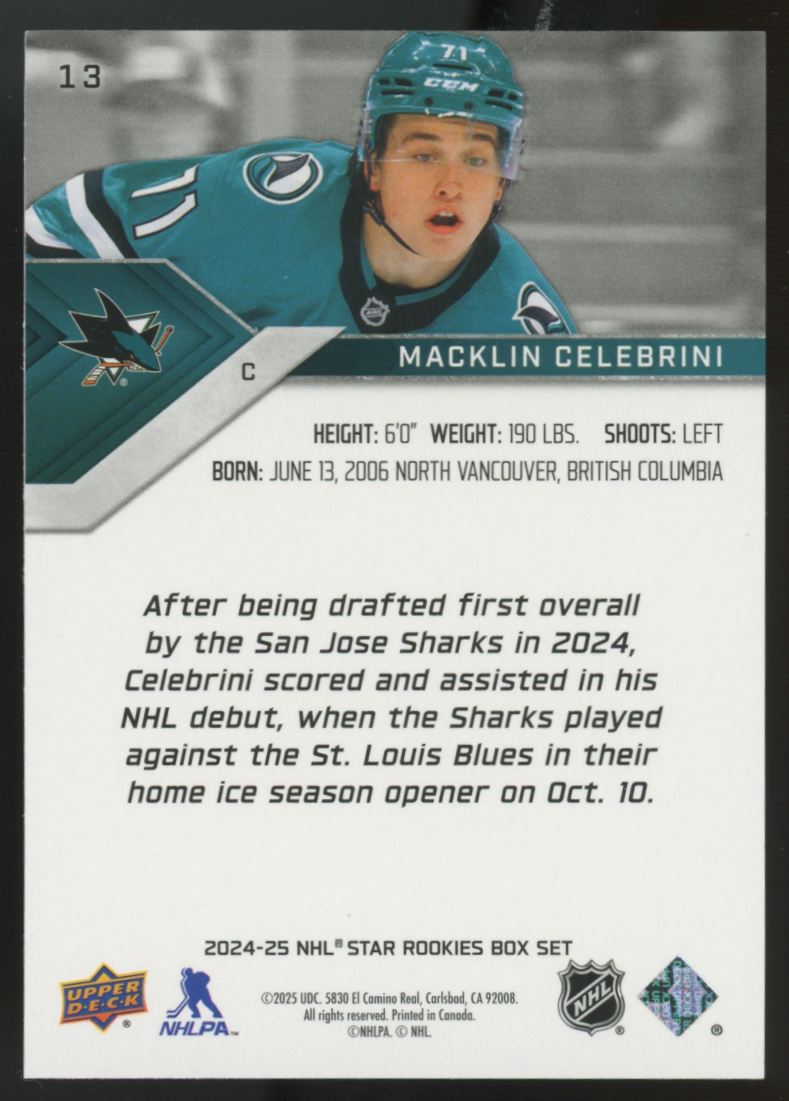 2024-25 Upper Deck NHL Star Rookies Box Set Macklin Celebrini RC #13