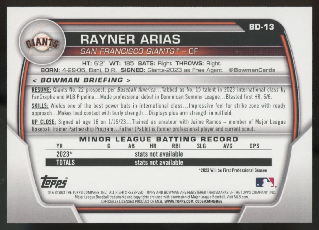 2023 Bowman Rayner Arias Red /5 #BD-13