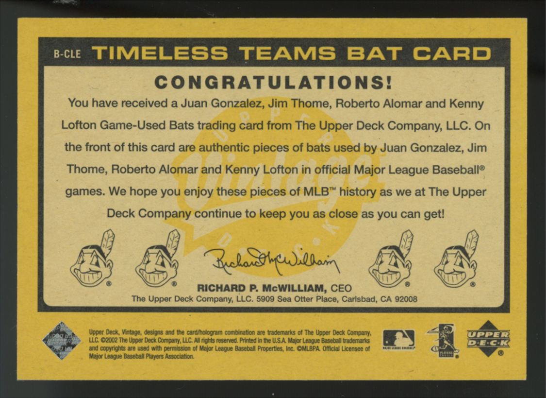 2002 UD Vintage Gonzalez/Thome/Alomar/Lofton Timeless Teams Quad Bat Relic
