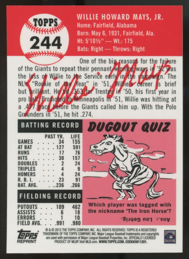 2012 Topps Factory Set Willie Mays 1953 Gold Refractor #244