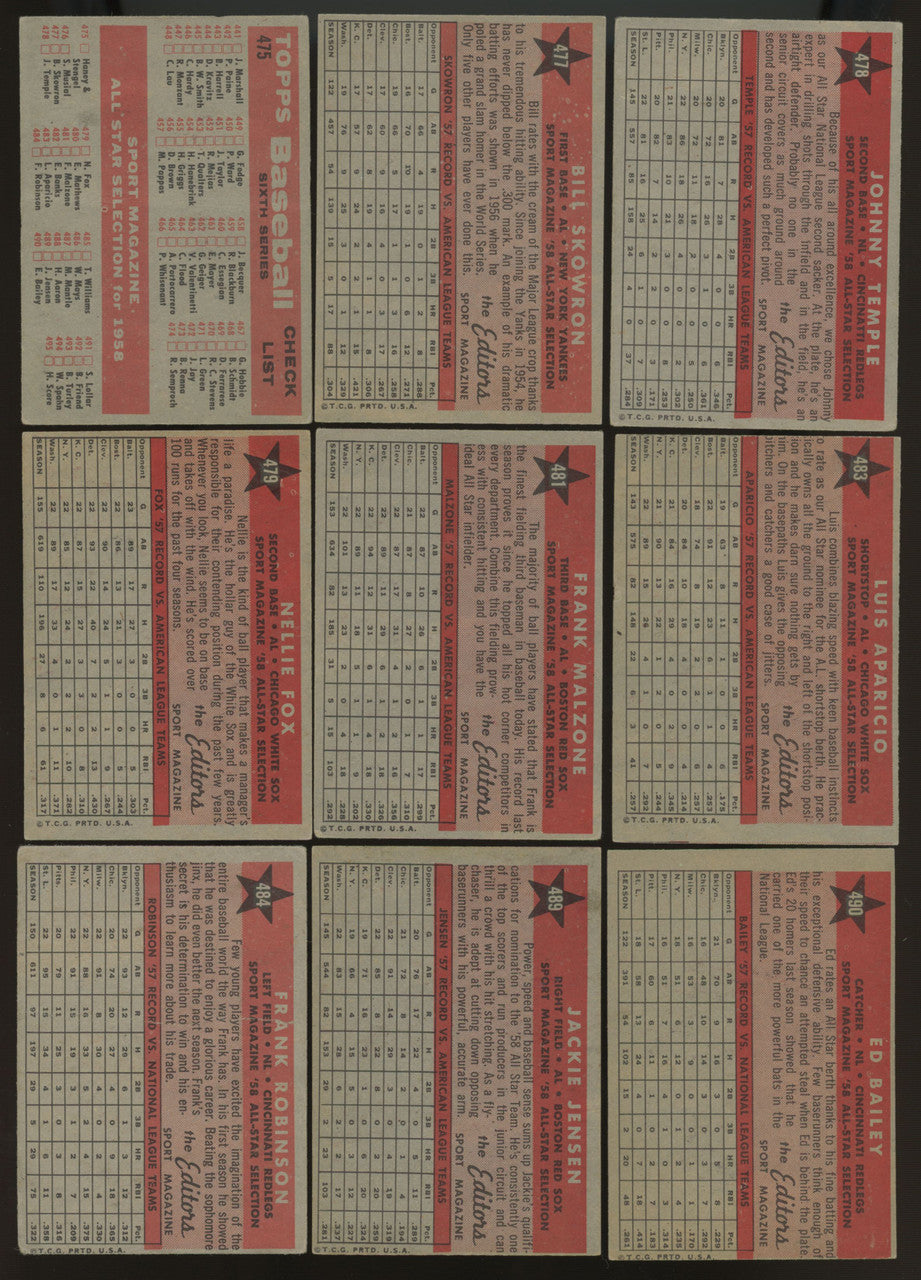 1958 Topps Baseball Near Complete Set (401/495) VG-EX