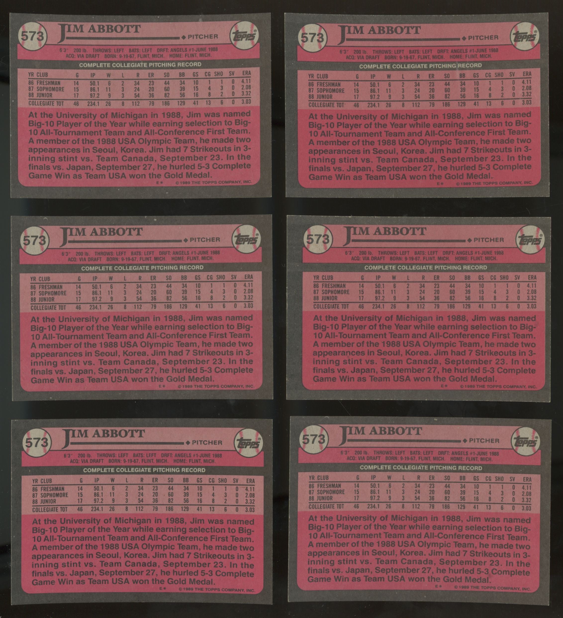 1989 Topps Jim Abbott RC #1 Draft Pick #573 (Lot Of 50)