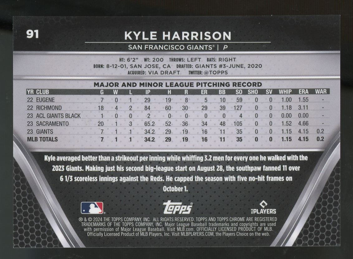 2024 Topps Chrome Black Kyle Harrison RC Blue /75 #91