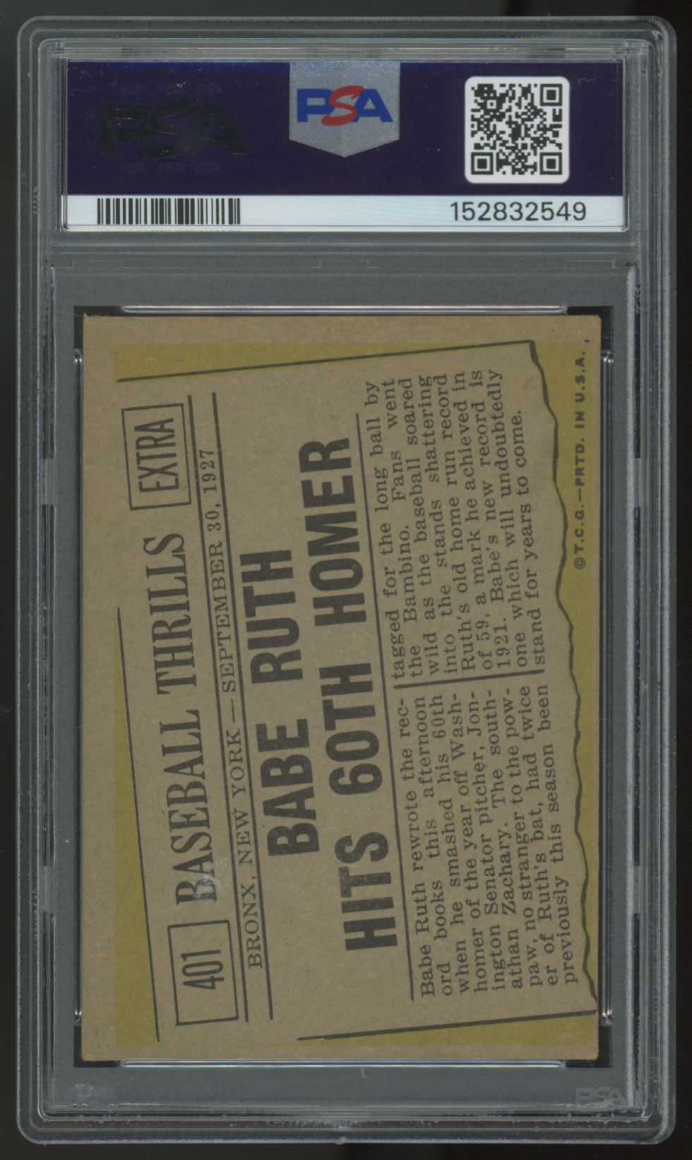 1961 Topps Babe Ruth Hits 60th Homer #401 PSA 3