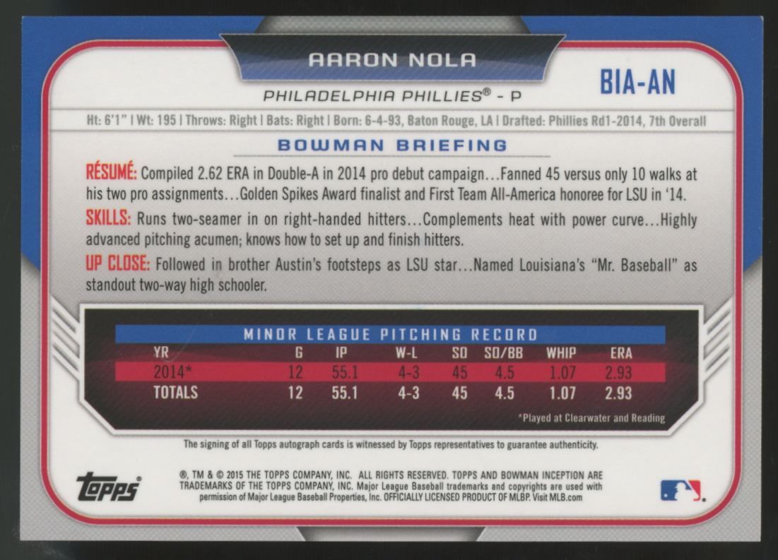 2015 Bowman Inception Aaron Nola Orange Auto /25 #BIA-AN