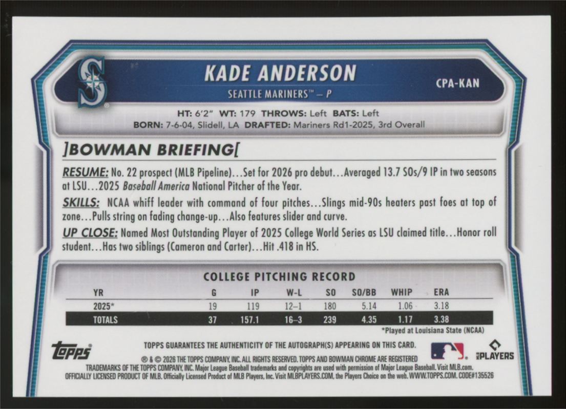 2026 Bowman Chrome Kade Anderson Yellow Refractor Auto /75 #CPA-KAN