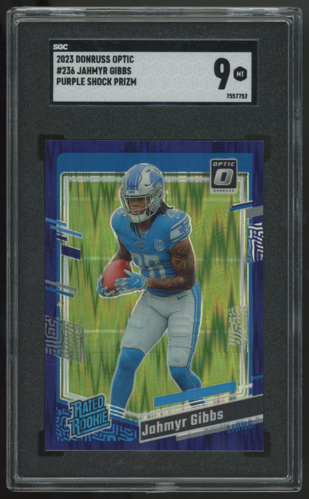 2023 Panini Donruss Optic Jahmyr Gibbs RC Purple Shock Prizm #236 SGC 9