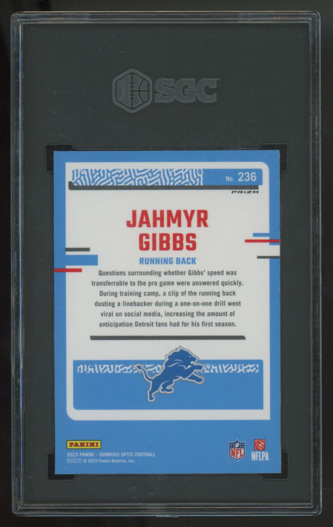 2023 Panini Donruss Optic Jahmyr Gibbs RC Purple Shock Prizm #236 SGC 9