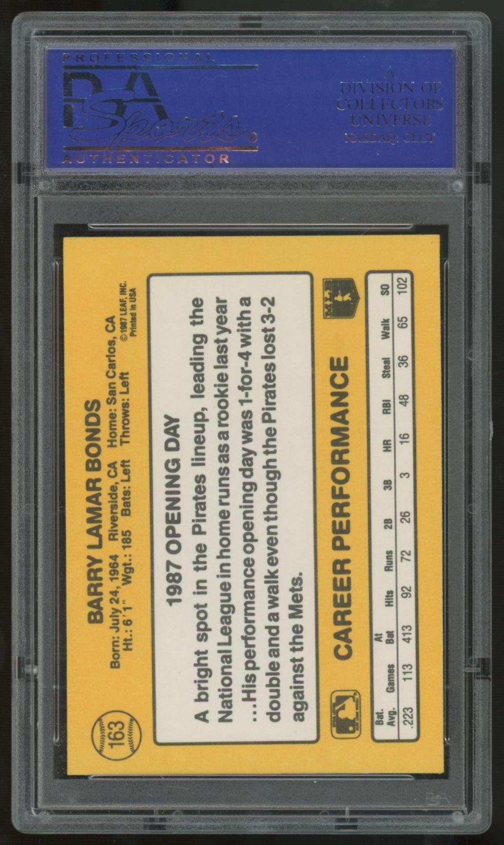 1987 Donruss Barry Bonds RC White Jersey Correct Photo #163 PSA 8 *739
