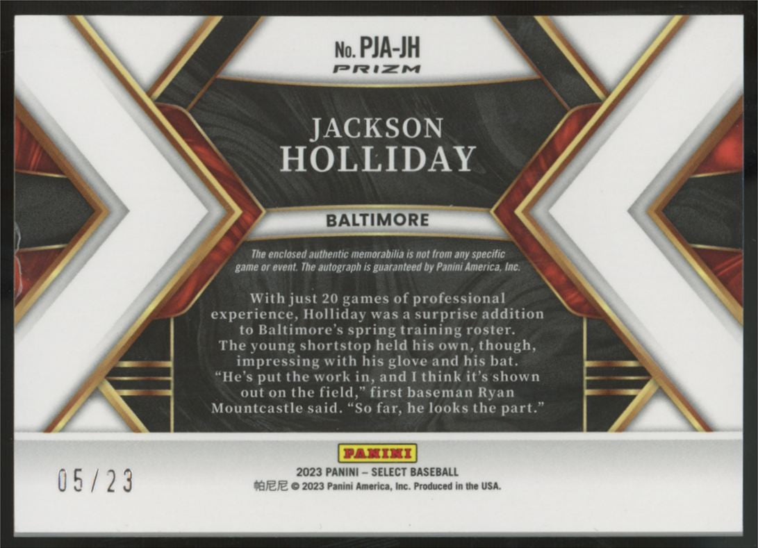 2023 Panini Select Jackson Holliday RC Cracked Ice Patch Auto RPA/23 #PJA-JH