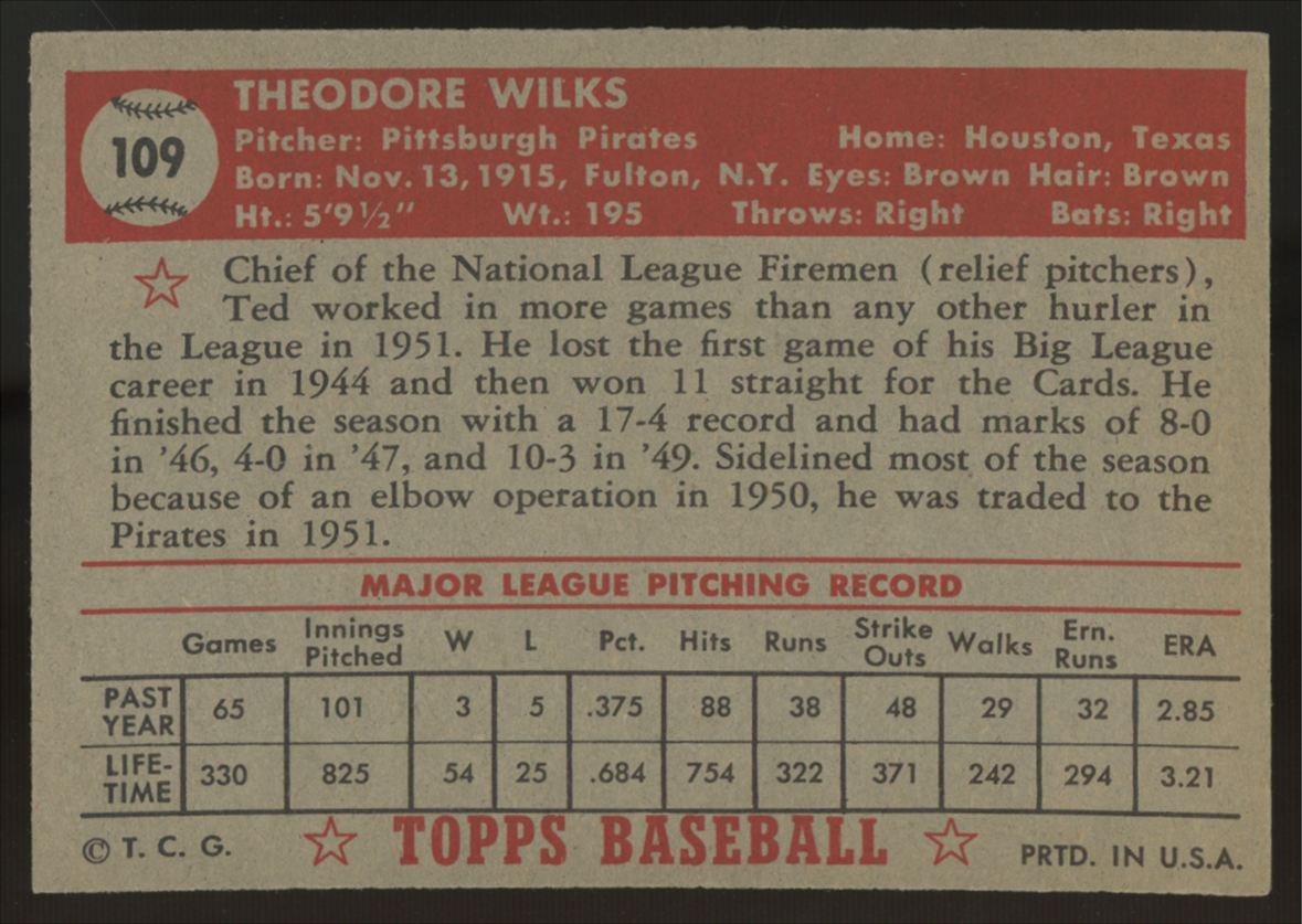 1952 Topps Ted Wilks #109 NM Centered