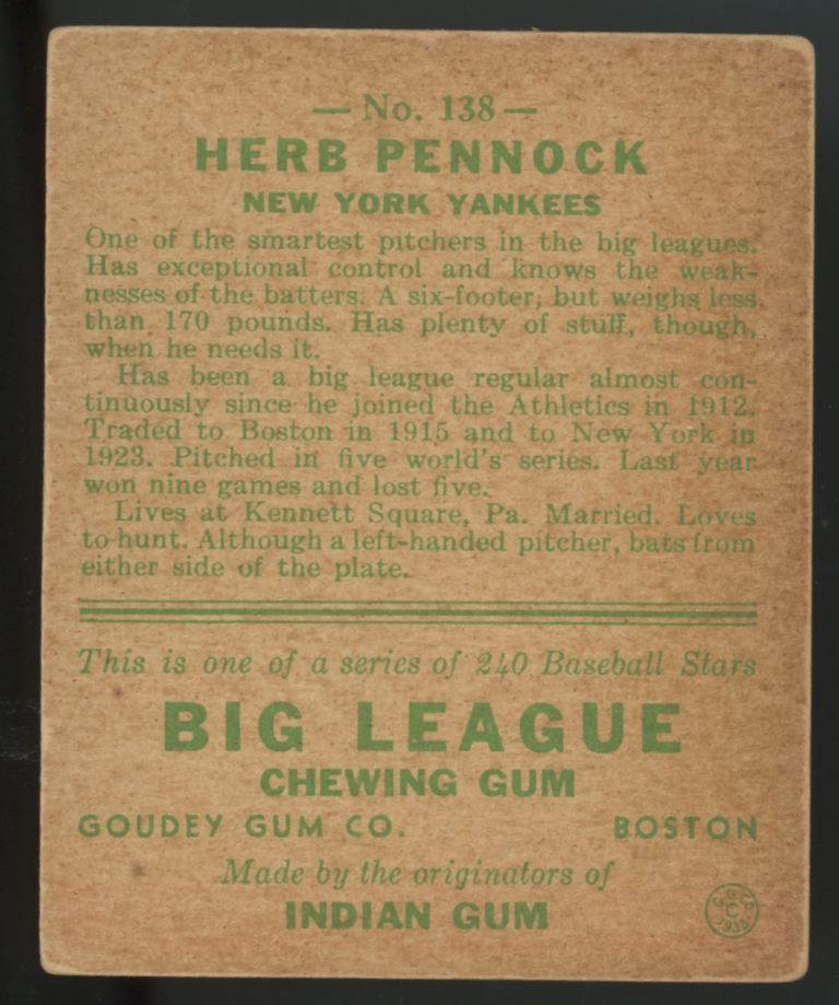 1933 Goudey Herb Pennock #138 VG