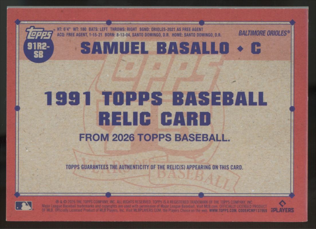 2026 Topps Series Two Samuel Basallo RC 1991 Patch Orange /25 #91R2-SB